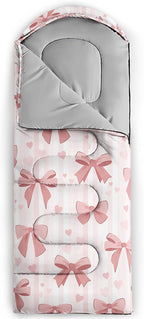Pink Bow Sleeping Bag,Girly Princess Bowknot Camping Bag for Girls Kids,Pink and White Striped Lightweight Warm Portable Outdoor Indoor-Waterproof Cold Weather Resistant for Camping Hiking