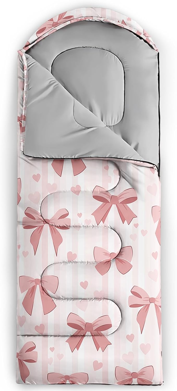Pink Bow Sleeping Bag,Girly Princess Bowknot Camping Bag for Girls Kids,Pink and White Striped Lightweight Warm Portable Outdoor Indoor-Waterproof Cold Weather Resistant for Camping Hiking