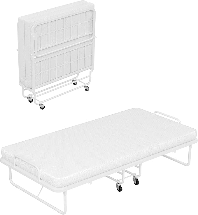 Zenzy Cot Folding Bed with Mattress, CertiPUR-US Certified 4" Mattress Topper & Sturdy Metal Frame, Fold Up Bed for Guest/Bedroom/Office/Camp, 75" x 31", White