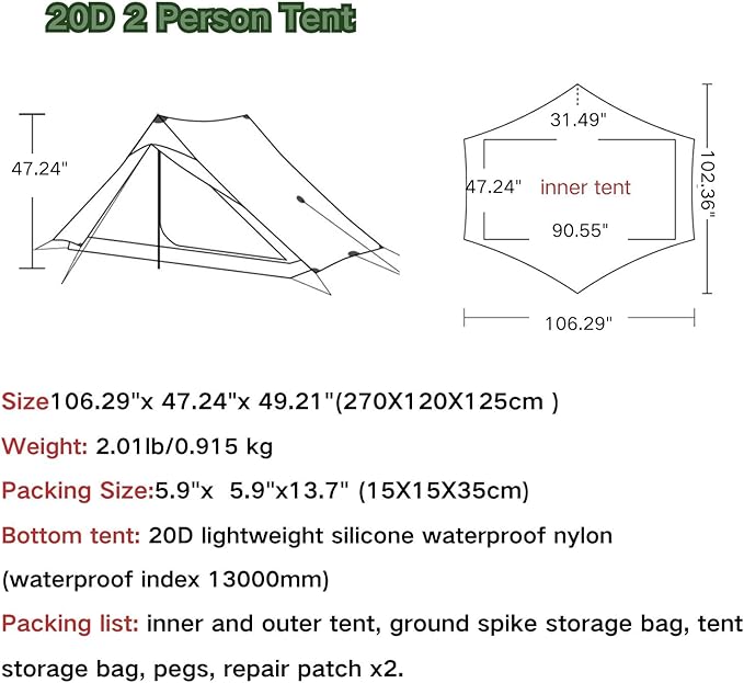 3F UL GEAR Blue Mountain 1/2Person Camping Poleless Tent, 3/4Seasons Waterproof Tent, Easy Set Up Hiking, Backpacking Silicon Coated Tent Shelter