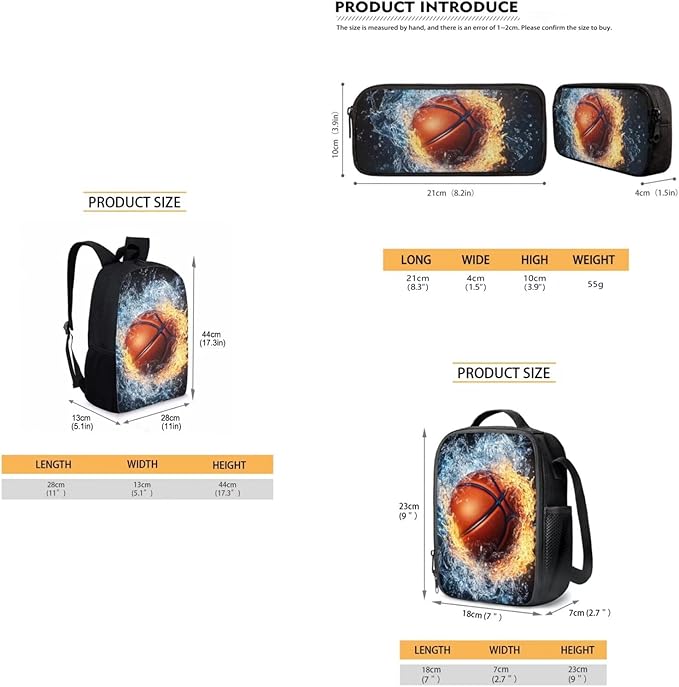 3 PCS Basketball Backpack for Boys Elementary School Backpack for Boys 17 Inch Knapsack Rucksack Lunch Box with Thermal Insulated Pen Case, Black