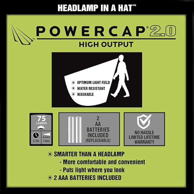 LED Hat Light - POWERCAP 2.0 Baseball Cap with Light Built in - LED Cap Visor Light with Bright Headlight and IPX4 Rating (Black Unstructured)