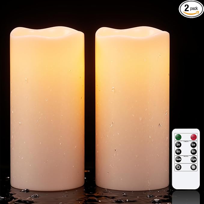 Wondise Waterproof Flameless Flickering Candles with Remote and Timer, Outdoor Waterproof Plastic LED Candels Battery Operated Pillar Candles for Ourdoor Garden Yard Decor (2 Pack D4 x H 8")