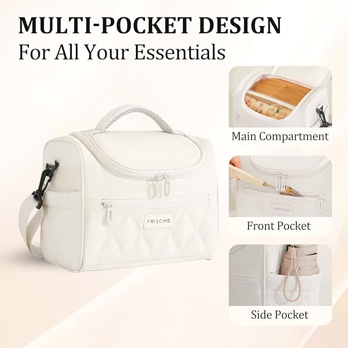 Lunch Bag for Women Soft Lightweight,Leakproof Insulated Lunch Box with Straps,Reusable Lunch Cooler for Work Meal Hiking Travel,Beige