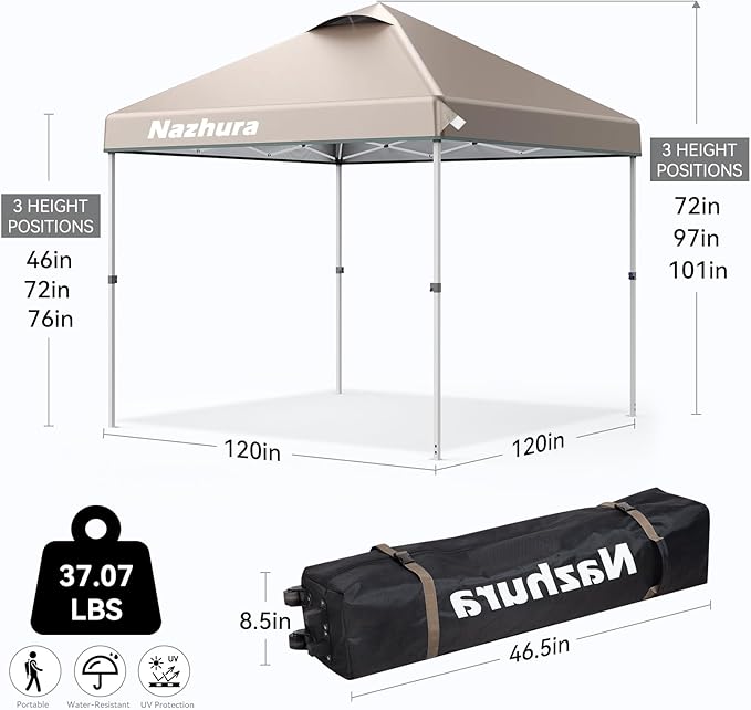 Nazhura 10' x 10' Pop Up Canopy Tent with Sand Weight Bag, Awing for Patio, Freestanding Sun Shelter for Picnic and Camping, One Person Setup, White (Kahki)