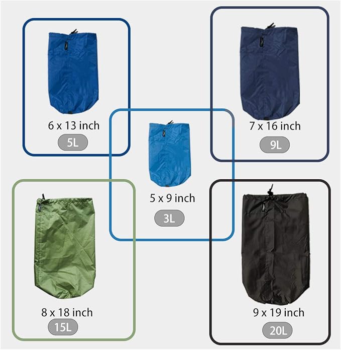 Frelaxy Stuff Sack Set 5-Pack (3L&5L&9L&15L&20L), Ultralight Ditty Bags with Dust Flap for Traveling Hiking Backpacking (Sky Blue&Blue&Navy&Army Green&Black)