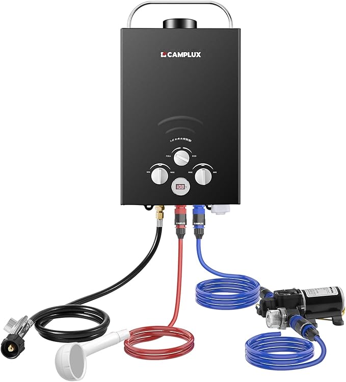 CAMPLUX Portable Water Heater,1.58 GPM Propane Water Heater Outdoor,41,000 BTU Camping Water Heater with 1.6 GPM Water Pump Pack，BW158BP60, Black