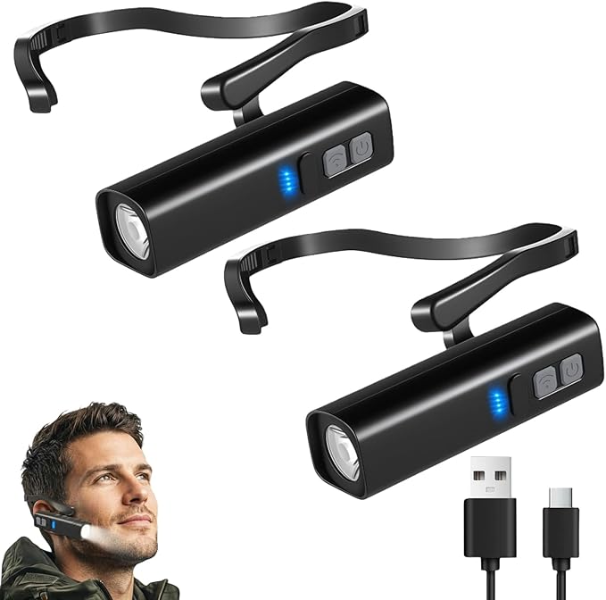 Lightweight LED Rechargeable Ear Worn Headlamp with Motion-Sensor, Ear-Hook High Bright Hands-Free Headlight, Outdoor Adjustable Clip-on Hat Light for Running, Camping, Fishing (2 Pack)