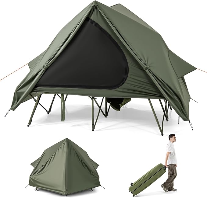 GYMAX 2-Person Camping Cot Tent, Foldable Off-Ground Cot Bed Combo with Portable Wheeled Bag, Waterproof Rainfly, 2 Mesh Doors & Skylight Roof for Adults, Hiking, Backpacking, Outdoor