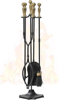 AMAGABELI Garden & Home 5 Pcs Fireplace Tools Brass Handles Wrought Iron Set Holder Indoor Outdoor Fireset Fire Pit Stand Rustic Tongs Shovel Brush Chimney Poker Wood Stove Hearth Accessories Kit