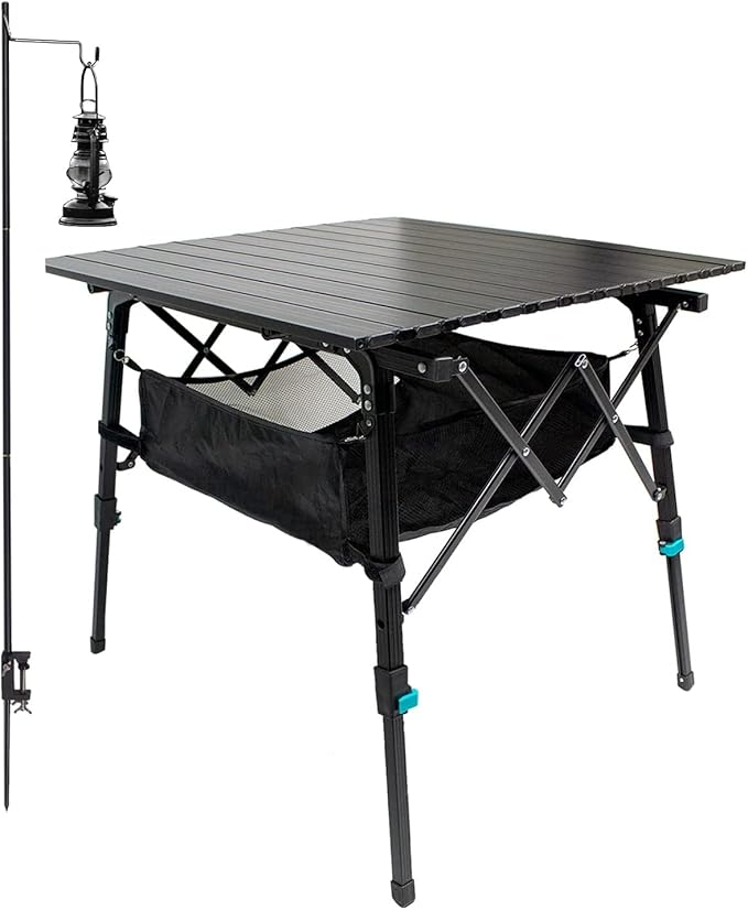Folding Camping Table Portable with Large Storage Organizer and Lantern Pole, Lightweight Compact Aluminum Foldable Table for Outdoor, Picnic, Fishing, Backpacking, Hiking, Cooking