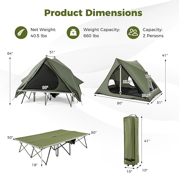 GYMAX 2-Person Camping Cot Tent, Foldable Off-Ground Cot Bed Combo with Portable Wheeled Bag, Waterproof Rainfly, 2 Mesh Doors & Skylight Roof for Adults, Hiking, Backpacking, Outdoor