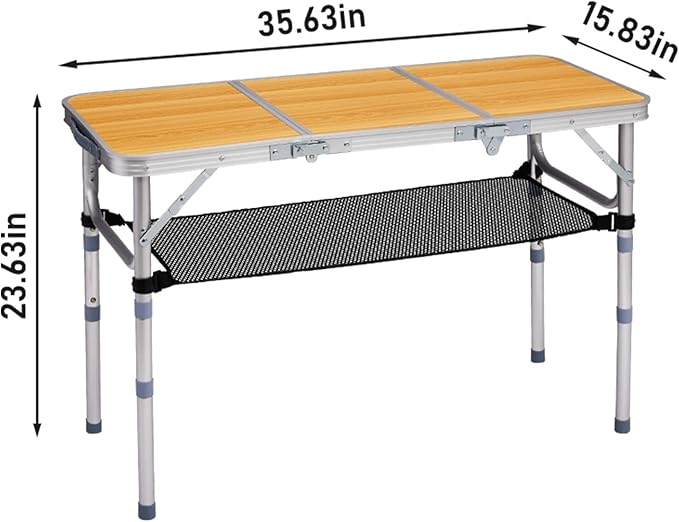 Folding Camping Table, Aluminum Folding Table with Carrying Handle, Lightweight, Portable Camping Table Waterproof for Outdoor Indoor Picnic Beach BBQ (Wood Color, 3ft)