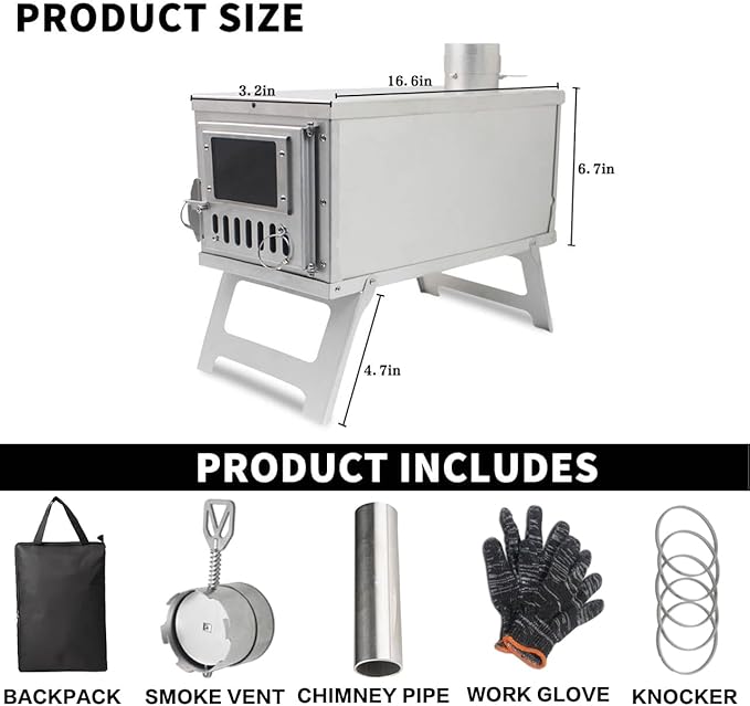 Portable Wood-Burning Stove for Camping with Backpack and 8.6 ft Chimney Pipe; Lightweight and Foldable for Tent, Hunting, Ice Fishing, Travel; Ideal Gift for Campers, Outdoor Accessories
