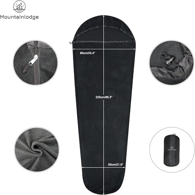 Mountainlodge Ultralight Fleece Sleeping Bag Liner,Mummy Sleeping Bag Liner with Hood and Stuff Sack Suit for Camping,Travelling and Hiking in All Seasons