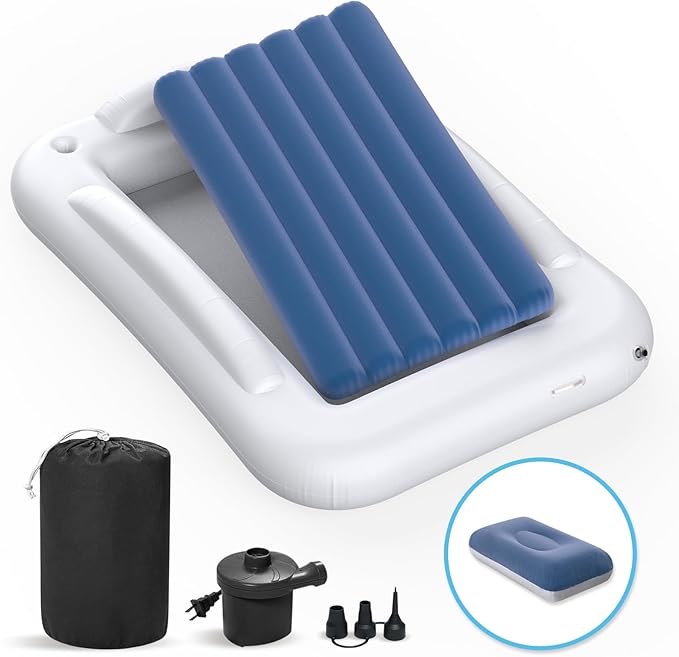 Inflatable Toddler Travel Bed - 60 Inches Portable Toddler Bed for Travel with Safety Sides - Cozy Kids Air Mattress Set with Built-in Electric Pump & Carry Case- Easy to Inflate - Sea Blue