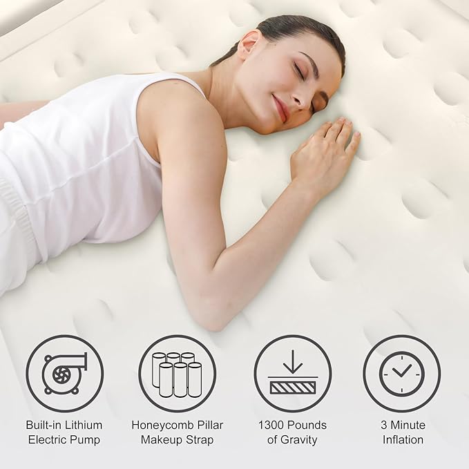 Air Mattress Queen with Built-in Battery Powered Removable Pump, Blow Up Mattress, Strong Support All Night, No Lost Air,Compact Inflatable Air Bed for Home Guests Camping