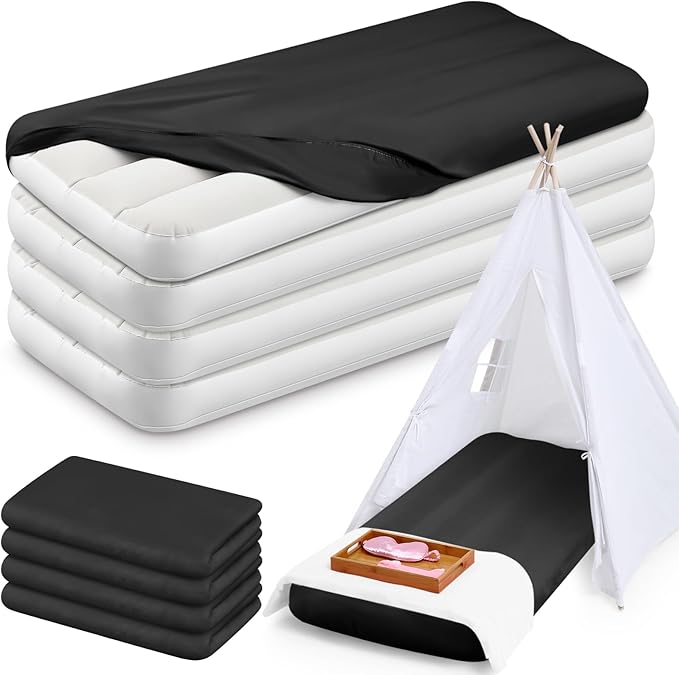 Windyun 4 Sets Kids Air Mattress Bulk with Fitted Sheet,Toddler Inflatable Bed 63 x 27 x 8 Inches Blow up Airbed Camping Sleeping Pad for Aged 3-10 Years Old Birthdays Slumber Sleepover Party (Black)