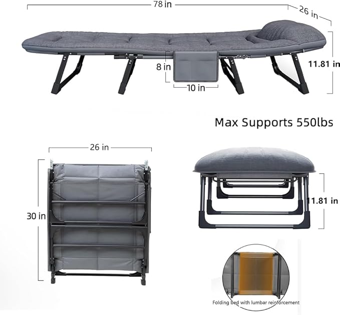 6 Angle Adjustable Folding Cot Bed Chaise Lounge Chair Heavy Duty Portable with Mattress and Pillow for Camping Office Nap Patio Indoor Home Comfortable Lay Flat Reclining Foldable(78IN)