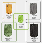 Frelaxy Stuff Sack Set 5-Pack (3L&5L&9L&15L&20L), Ultralight Ditty Bags with Dust Flap for Traveling Hiking Backpacking (Neon Green&Orange&Gray&Army Green&Black)