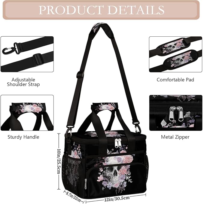 Skull Flower Floral Soft Cooler Bag Insulated Lunch Box for Men & Women, Large Leakproof Lunch Bag Portable Beach Cooler for Work, Picnic, Road Trips,Fishing, Travel, Camping,A-19
