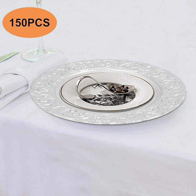 150 Pcs Silver Charger Plates Bulk, 13" Round Dinner Charger Plates, Decorative Plastic Embossed Table Chargers for Wedding Christmas Party Baby Shower Event Decoration (Silver)