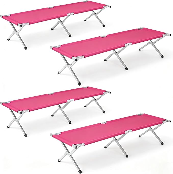Portable Folding Camping Cot, Heavy Duty Sleeping Bed with Carrying Bag, 610D Oxford Cloth & Lightweight Aluminum Frame, 275lbs Load, Outdoor Cot for Adults, Travel, Hiking, Office (Pink, 4 Pack)