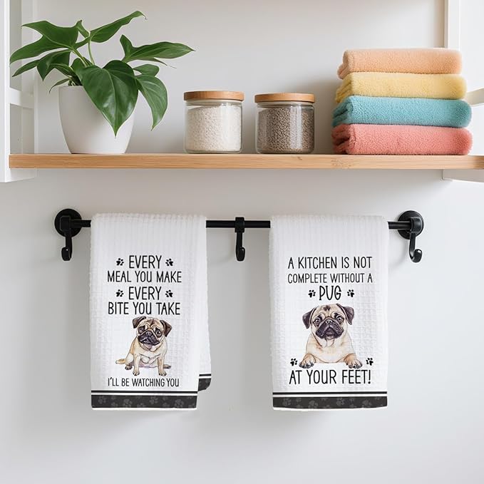 2Pcs Funny Dog Kitchen Towels 24x14 Inch, Cute Pug Waffle Weave Dish Towels for Kitchen Home Farmhouse, White Absorbent Microfiber Hand Tea Towel, Pug Gifts for Pug Lovers Women