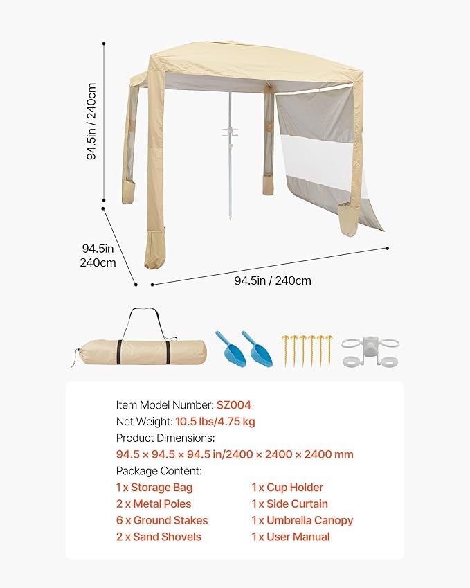 VEVOR Beach Cabana, 8 x 8 ft Beach Canopy with Side Wall, UPF 50+ Protection Easy Setup Cabana Tent with Sand Pockets, Adjustable Height Portable Shade Sun Shelter Umbrella for Family & Friends, Khaki