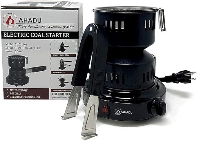 AHADU Premium Electric Charcoal Burner Coconut Coal Starter Hibachi Smart Overheating Control. Instant Coal Disk Tablet Fire Starter. Perfect Stove for Outdoor camping BBQ -Comes with Free Tong/Handle