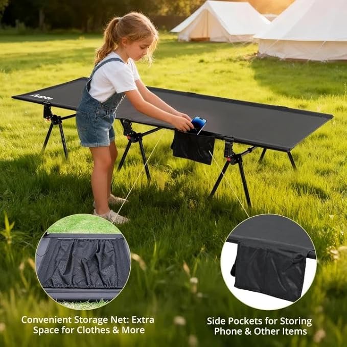 Anbte Height Adjustable Camping Cot with Storage Net & Bag, Support up to 400lbs Comfortable Portable Cots for Adult Folding Bed for Camping Hiking Travel Truck Beach Office Nap, Black