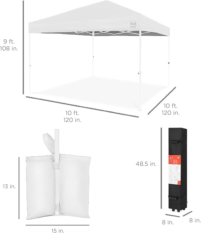 Best Choice Products 10x10ft Pop Up Canopy Tent, Outdoor Shade, 1 Person 1 Minute Set Up, Carry Case, 4 Weight Bags - White/White