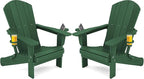 SERWALL Adirondack Chair with Cup Holders - Composite Adirondack Chairs Set of 2 HDPE Outdoor Chairs All Weather Use- Green