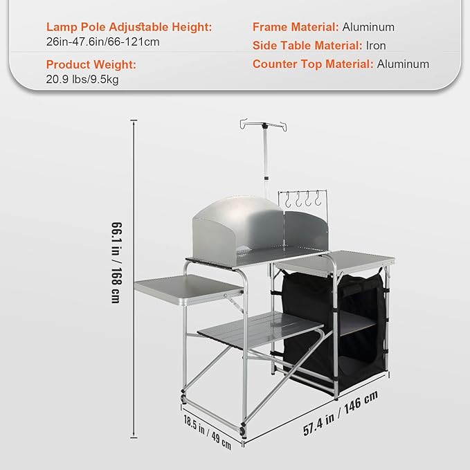 VEVOR Camping Kitchen Table, Folding Outdoor Cooking Table with Storage Carrying Bag, Aluminum Cook Station 1 Cupboard & Detachable Windscreen, Quick Set-up for Picnics, BBQ, RV Traveling, Black
