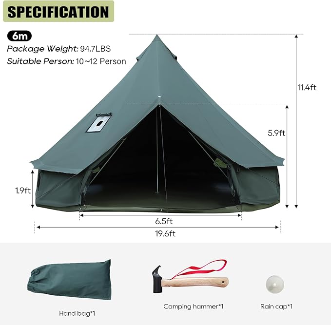 Bell Tent for Camping, Luxury Cotton Outdoor Tent, Yurt Canvas Tent with Stove Jack, for 4/6/8/10 Person Family 4 Season (19.7' (6M), Army Green)