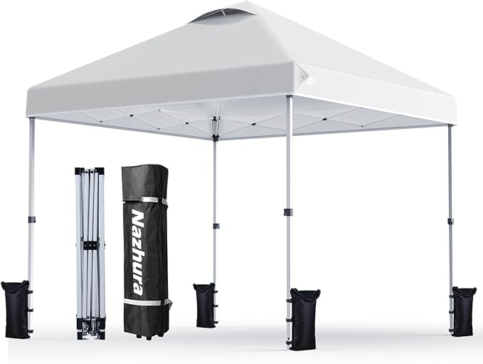 Nazhura 10' x 10' Pop Up Canopy Tent with Sand Weight Bag, Freestanding Sun Shelter for Picnic and Camping, One Person Setup and Height Adjustable (White)