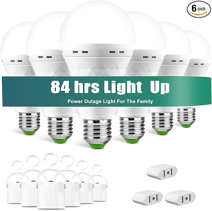 Emergency-Rechargeable Light Bulb with Hook,Stay Lights Up When Power Failure, 1500mAh 12W 60W Equivalent LED Light Bulbs for Home, Camping, Hiking(E27, with Hook,with Plug Cap) 6 Pack