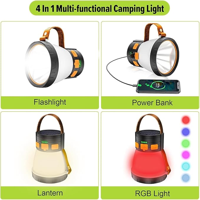 LED Camping Lantern, 1500 Lumens Spotlight Flashlight Rechargeable with Solar Panel Charging, Waterproof Spot Light, 8 Light Modes, 7500mAh, Camping Flashlight for Emergency, Orange&Brown