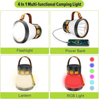 LED Camping Lantern, 1500 Lumens Spotlight Flashlight Rechargeable with Solar Panel Charging, Waterproof Spot Light, 8 Light Modes, 7500mAh, Camping Flashlight for Emergency, Orange&Brown