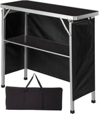 Outdoor Folding Camping Table Portable Bar Tables, Tradeshow Podium Table for Indoor, Outdoor, Party, Picnic, Exhibition, Includes Carrying Case, Storage Shelf and Black Skirt (Black)
