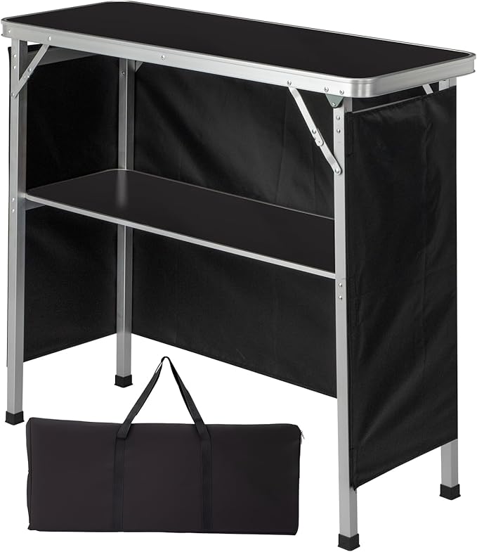 Outdoor Folding Camping Table Portable Bar Tables, Tradeshow Podium Table for Indoor, Outdoor, Party, Picnic, Exhibition, Includes Carrying Case, Storage Shelf and Black Skirt (Black)