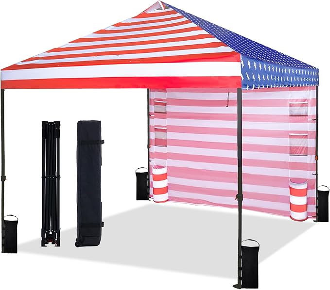 10'x10' Pop Up Canopy Tent with 1 Sidewall and 6 Pockets, One Push Setup, Instant Shade Tent with Vented Roof for Beach Patio Outdoor, Case, 8 Stakes, 4 Ropes, 4 Sandbags (Flag, 10x10)