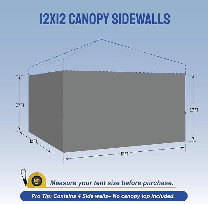 CROWN SHADES 12x12 Canopy Sidewalls (4pck) - Side Walls 12x12, Sidewalls for Canopy - Canopy Cover, Tent Accessories, Gray
