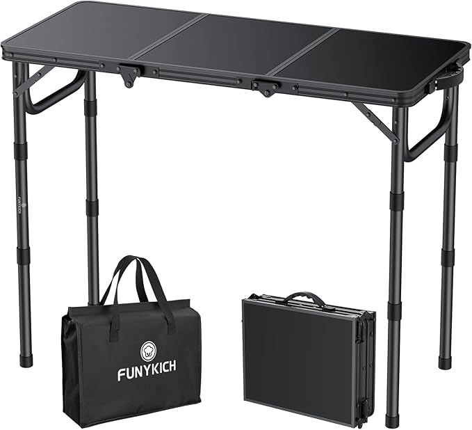 FUNYKICH 3ft Camping Folding Table L34.2''xW15.7'', 3 Adjustable Height Portable Small Folding Tables, Lightweight Aluminum Beach Table with Carry Handle for Camping, Backyard BBQ, Picnic, Travel