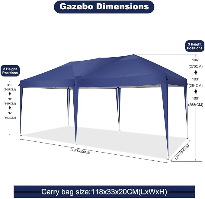 COBIZI 10x20 Pop Up Canopy Tent Party Tents for Parties Weddings Backyard Waterproof Outdoor Commercial Instant Canopy Event Tent with Stakes, Ropes,Sandbags, Deep Blue