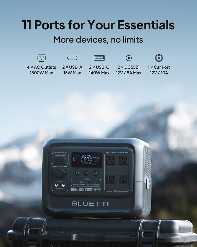 BLUETTI Elite 100 V2 Portable Power Station and USB C Cable, 1024Wh LFP Battery Solar Generator w/ 4 1800W AC Outlets (3600W Surge) Backup, 35% Smaller for Camping, RV, Outages (Solar Panel Optional)
