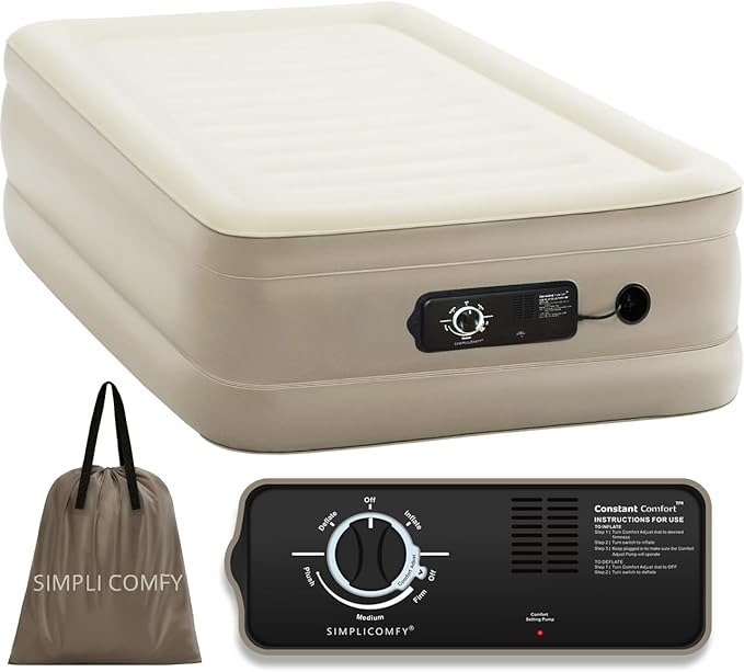 Simpli Comfy 18” Twin Inflatable Air Mattress with Built-in Dual Pump, Elevated, Adjustable Firmness, Self-Inflating Blow-Up Mattress with Storage Bag for Home, Guest, Travel, Camping, Relocation