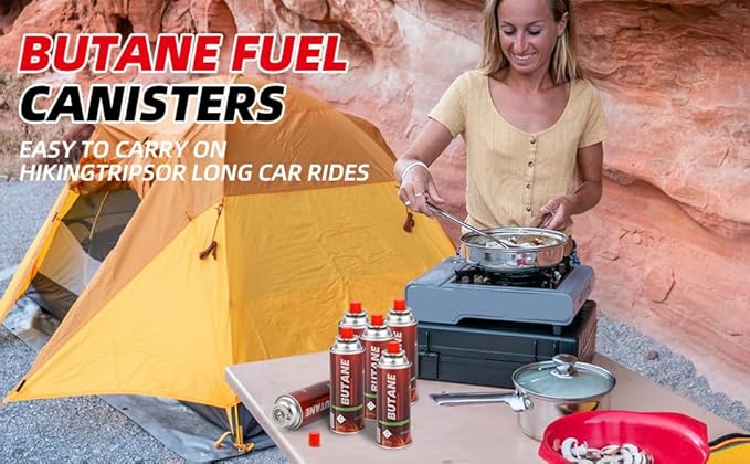 Butane Stove, Portable Camping Stove with Carry Case & Push-Button Starter, Includes Precise Temperature Control & 7,650 BTUs of Power for Camping, Tailgating, & More