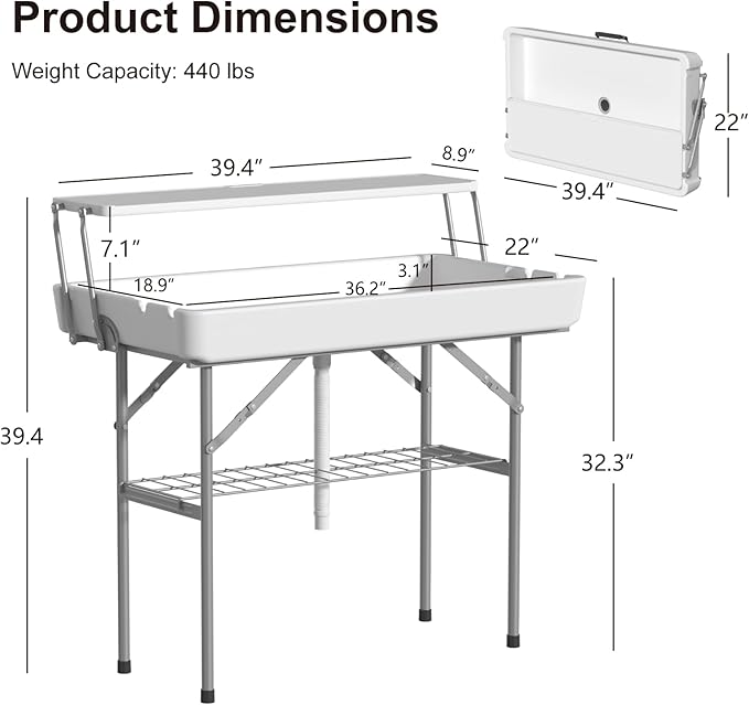 2 Tiers 4 Foot Ice Cooler Table, Folding Tailgate Camp Fishing Cleaning with Matching Skirt & Drain Hose, Plastic Ice Table for Party, BBQ, Camping, Picnic, Barbecues to Keep Drinks Cool, White