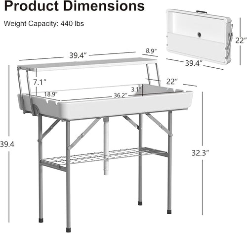 2 Tiers 4 Foot Ice Cooler Table, Folding Tailgate Camp Fishing Cleaning with Matching Skirt & Drain Hose, Plastic Ice Table for Party, BBQ, Camping, Picnic, Barbecues to Keep Drinks Cool, White